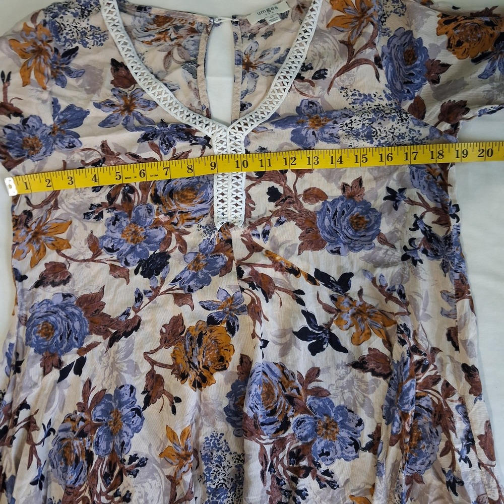Umgee USA Floral Tunic Dress Medium Boho Crochet Lace V-Neck Bell Sleeve Blue - Picture 4 of 15